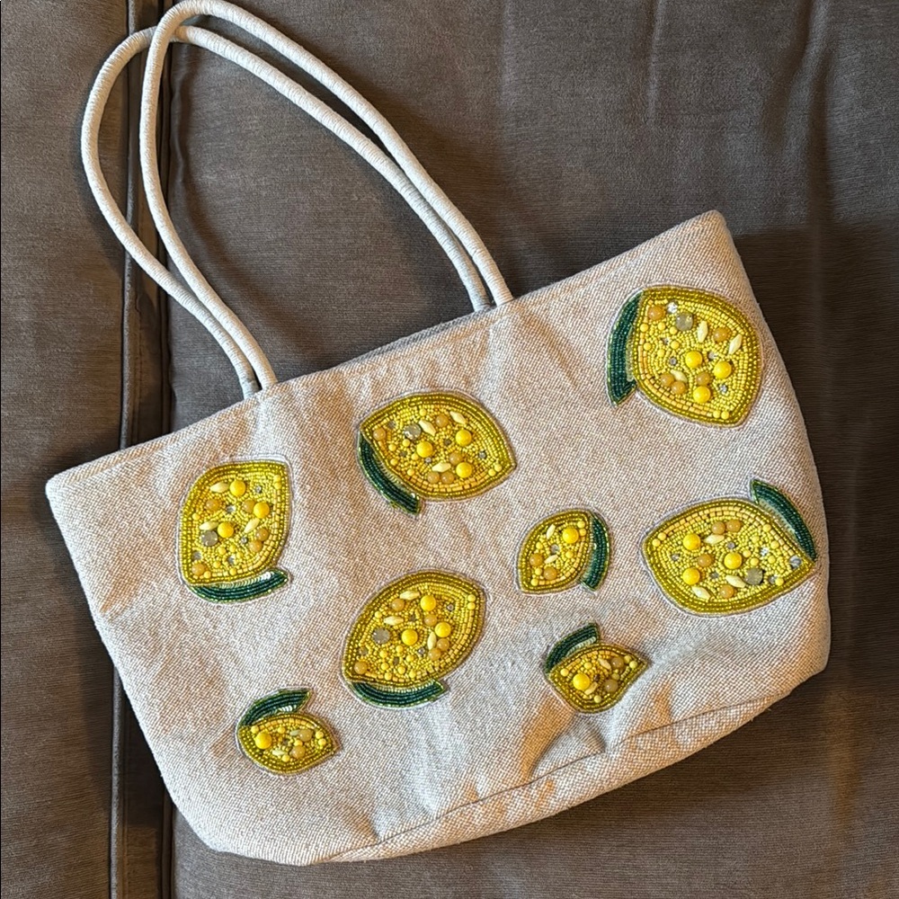 Embroidered Beige Tote Bag with Yellow Accents